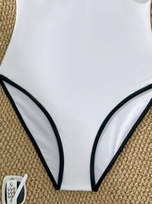 SHEIN TEENGIRL 白色拼色连体泳衣，简约优雅的连体泳衣，适合海滩度假 - 白色 - 查看 3