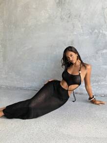 Aloruh Nuevo vestido de primavera/verano para mujer de estilo bohemio, de un solo color negro, de tirantes finos con lazo y decoración de cuentas, vestido transparente tipo cobertor para la playa