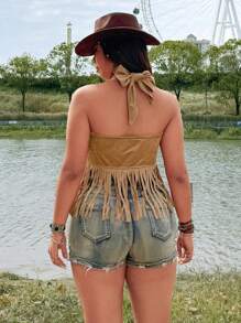 Flirla 加大码纯色交叉领带流苏背心，节日风，波西米亚风，嬉皮风，牛仔风，复古风 - 棕色 - 查看 2