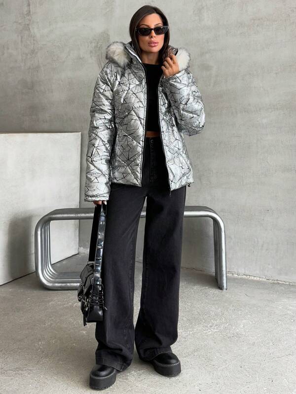 SHEIN Reflector Print, Zip Up, Fur Hooded WinterCoat