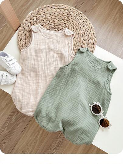 2pcs/Set Newborn Baby Boys Cute Poplin Solid Color Vest & Overall, Summer