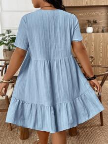 EMERY ROSE Vestido de verano de manga corta con cuello en V y volantes en el bajo para mujer de talla grande. Vestido romántico y elegante para vacaciones y playa. Vestido de primavera informal de estilo casual con textura de tela de unicolor para mujer. - Azul - Ver 2