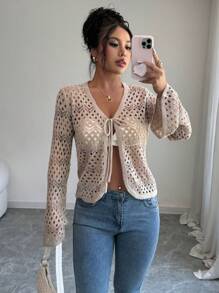 Chiquease Hollow-Out Long Sleeve Knit Cardigan, Spring/Autumn Fall Cloth For Women - Khaki - View 6