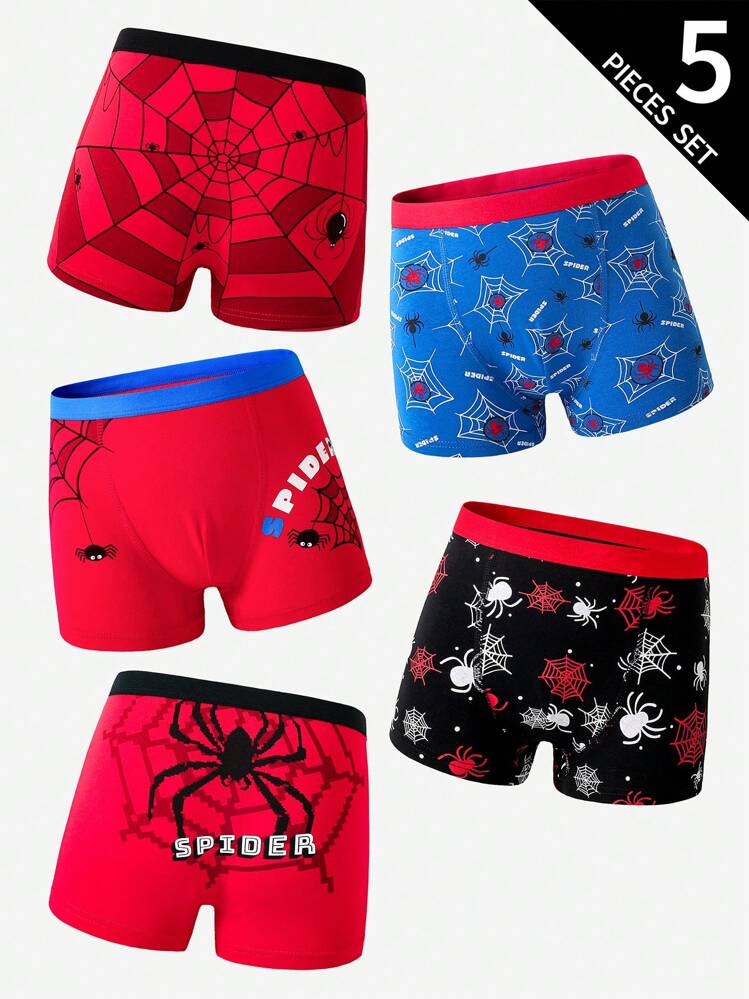 5pcs/Pack Boys' Comfortable Cotton Underwear With Colorful Spider Print, Suitable For School Boys - Multicolor - View 7