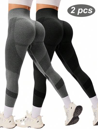 Gameset SHEIN Sport Women's 2 Packs High Waisted Seamless Leggings. Long Lifting Rib-Knit Yoga Pants For Gym Workout & Activewear. Multicolor Set.