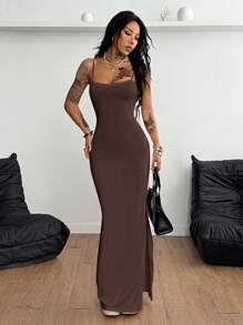 Coolane Women's Summer Streetwear Concert Date Night Vacation Outfits Y2K Woven Tape Split Long Dress