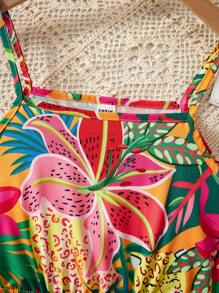 SHEIN 少女热带印花镂空腰部无袖夏季海滩度假连衣裙 - 彩色 - 查看 6