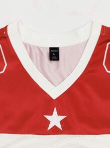 ROMWE MEN Prep Men's Rhinestone Jersey Decor Short Sleeve Sports T-Shirt, Mesh Fabric Patchwork - Red - View 4