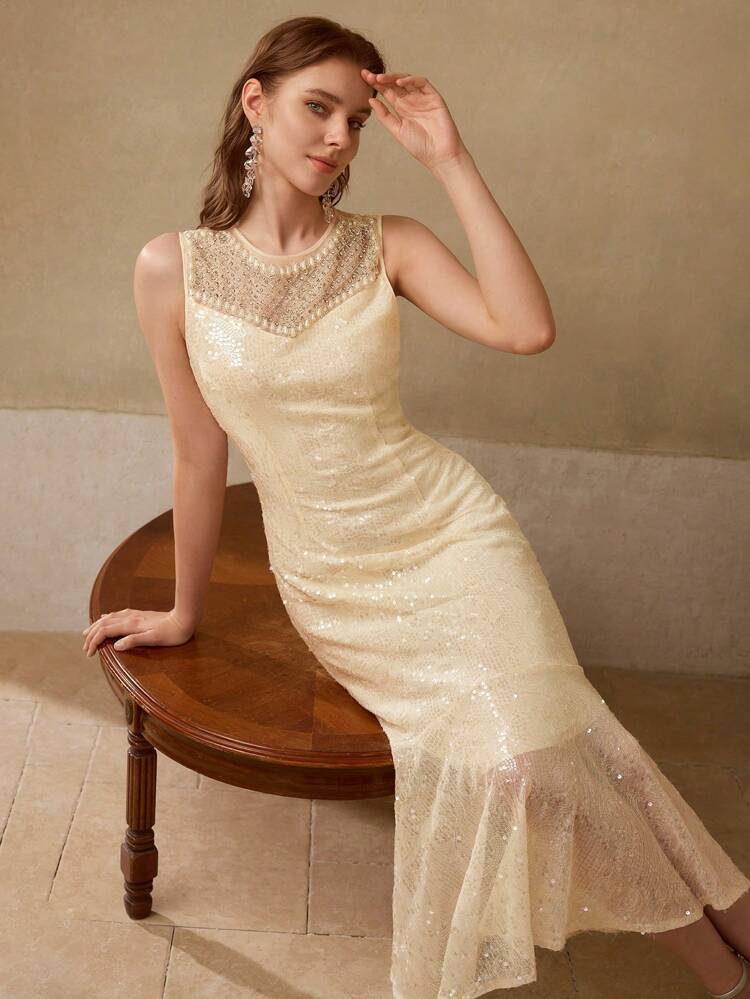 SEQUINS FAUX PEARL AND RHINESTONE MESH PANEL MERMAID HEM DRESS