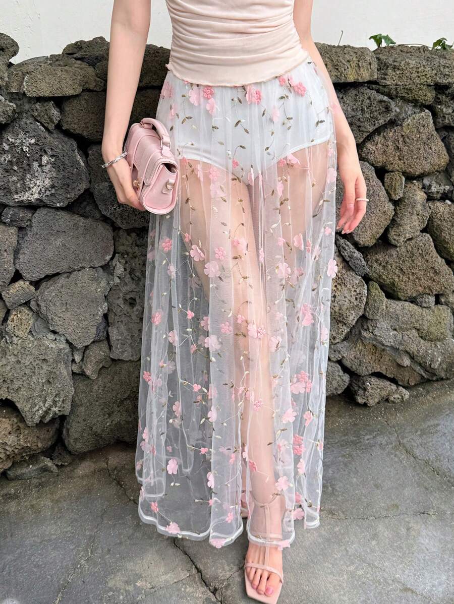 Celisse Damen eleganter A-Linien Minirock mit 3D besticktem Mesh, frischer Laufsteg-Stil, für Frühling & Sommer - Verschiedenfarbig - Übersicht 1