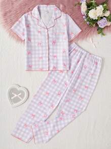 SHEIN 青少年女孩可爱格子蝴蝶结印花撞色翻领短袖衬衫和短裤睡衣套装，休闲舒适宽松两件套家居服 - 彩色 - 查看 4
