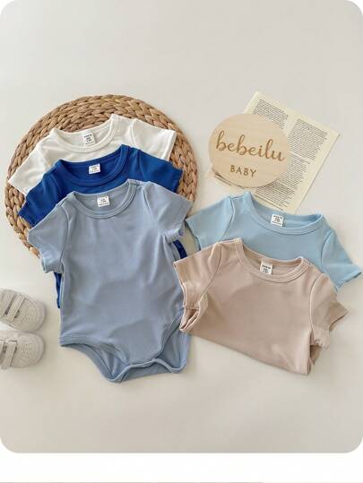 5件套新生儿男/女宝宝蓝色短袖夏季柔软圆领无袖连体衣，休闲、室内、室外多用途，百搭