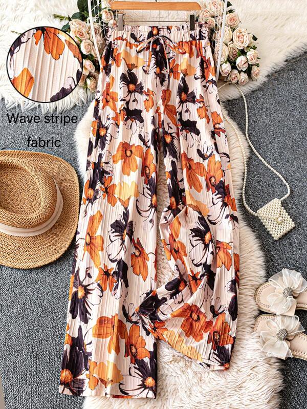 DreamSkyne Plus Size Women Woven Sea Wave Printed Frill Hem Drawstring Wide Leg Regular Casual Pants, Spring/Summer