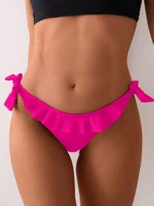 SHEIN Swim Women Solid Color Tie-Knot Ruffle Hem Bikini Bottom For Summer Beach Vacation - Hot Pink - View 1