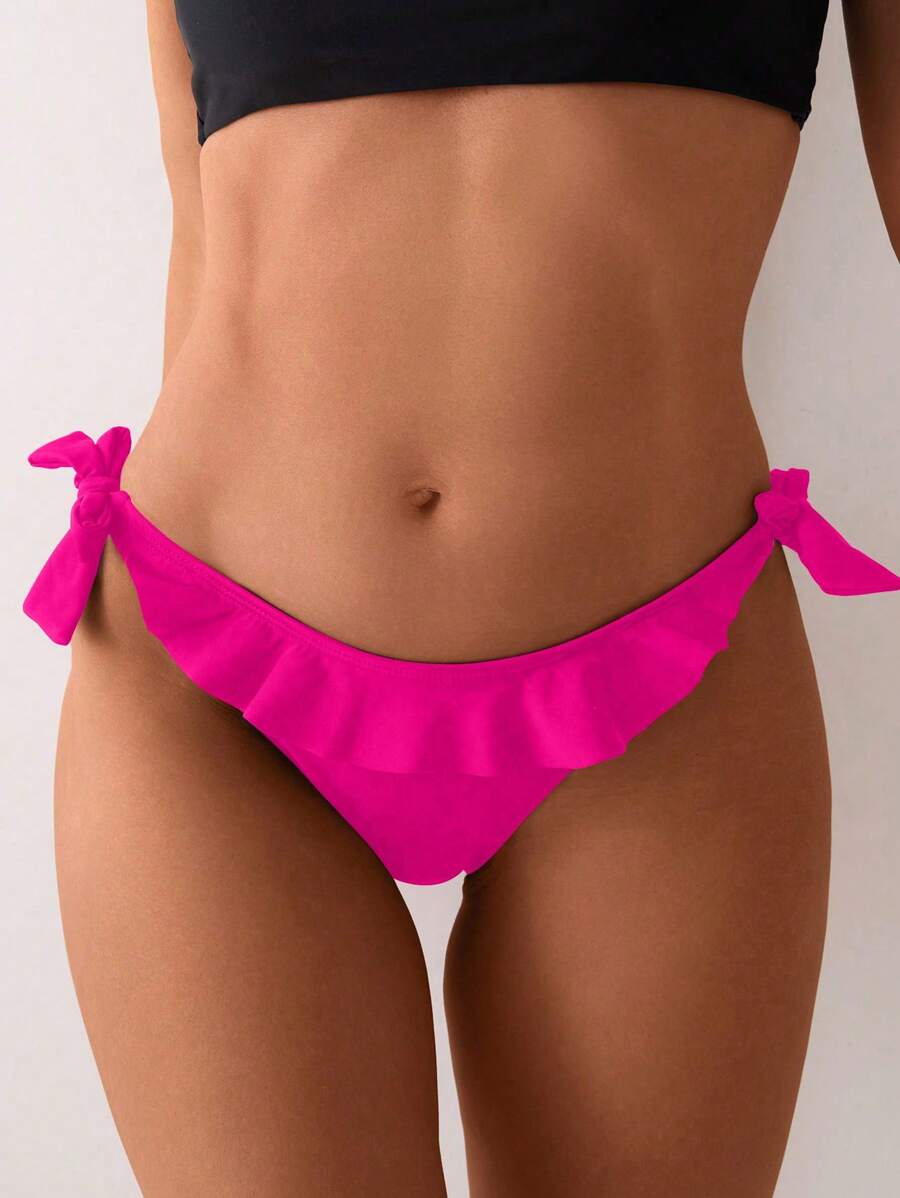 SHEIN Swim Women Solid Color Tie-Knot Ruffle Hem Bikini Bottom For Summer Beach Vacation - Hot Pink - View 1