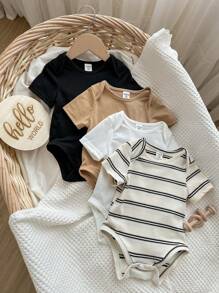 4pcs Baby Boys/Girls Spring/Summer Cute Knitted Elastic Striped Short Sleeve Bodysuits Basic Bodysuit Multi-Pack