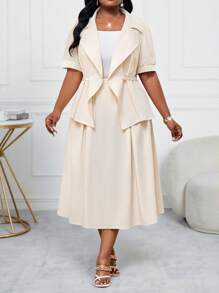 SHEIN Lady Spring And Summer Elegant Commuting Office Woven Lapel Ball Gown Bishop Sleeve Gold Button Midi Short Sleeve Plus Size Co-Ords - Beige - View 5