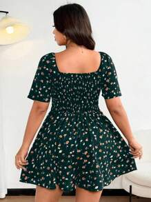 Flirla Plus-Size Women's Collar Lace Trim A-Line Print Party Jumpsuit - Dark Green - View 6