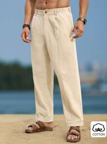 Manfinity RSRT بنطلون كاجوال قطني للرجال بلون أحادي وخط أمامي من الكتان، بنطلون قطني أبيض للشاطئ والصيف، خريف - بيج - مشاهدة 5
