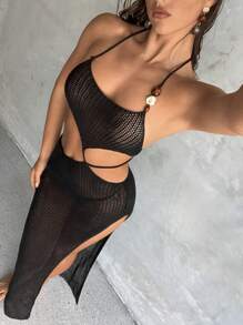 Aloruh Nuevo vestido de primavera/verano para mujer de estilo bohemio, de un solo color negro, de tirantes finos con lazo y decoración de cuentas, vestido transparente tipo cobertor para la playa