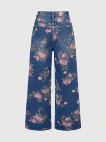 ROMWE Fairycore Quần jean ống rộng dáng rộng in họa tiết hoa cổ điển dành cho nữ - Màu xanh lam - Xem 2