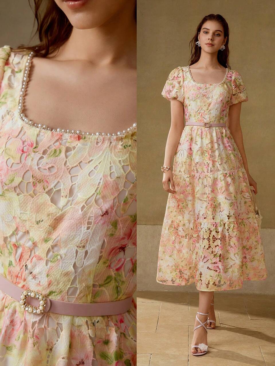 FAUX PEARL TRIM RUFFLE HEM DRESS