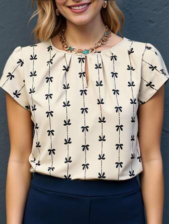 EMERY ROSE Women's Elegant Bowknot Print Blouse, Summer