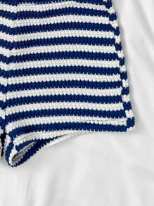SHEIN 2pcs/Set Teen Girls Striped Knit Asymmetric Shoulder Fitted Top And Ultra Low Waist Skinny Shorts, Suitable For Holiday, Party, Christmas, Valentine's Day, Date, Beach, Cruise, Carnival, Easter Striped Two Piece Set Two Piece Short Set Summer Two Piece Set Vacation Two Piece Set Preppy Two Piece Set - Blue and White - View 3