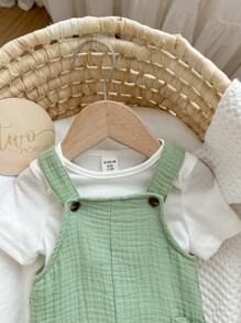 Baby Boy Cute Cotton Jumpsuit, Simple Solid Color Design, Sleeveless Straps, Suitable For Spring And Summer