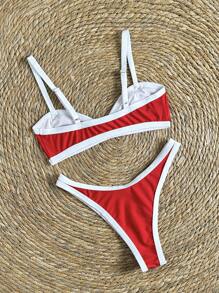 Swim Vcay 2 件套女士撞色细肩带高开叉性感比基尼套装，夏季 - 紅白色 - 查看 2