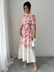 Elenzga 女式优雅设计感立领短袖高腰喇叭长裙 - 杏色 - 查看 4