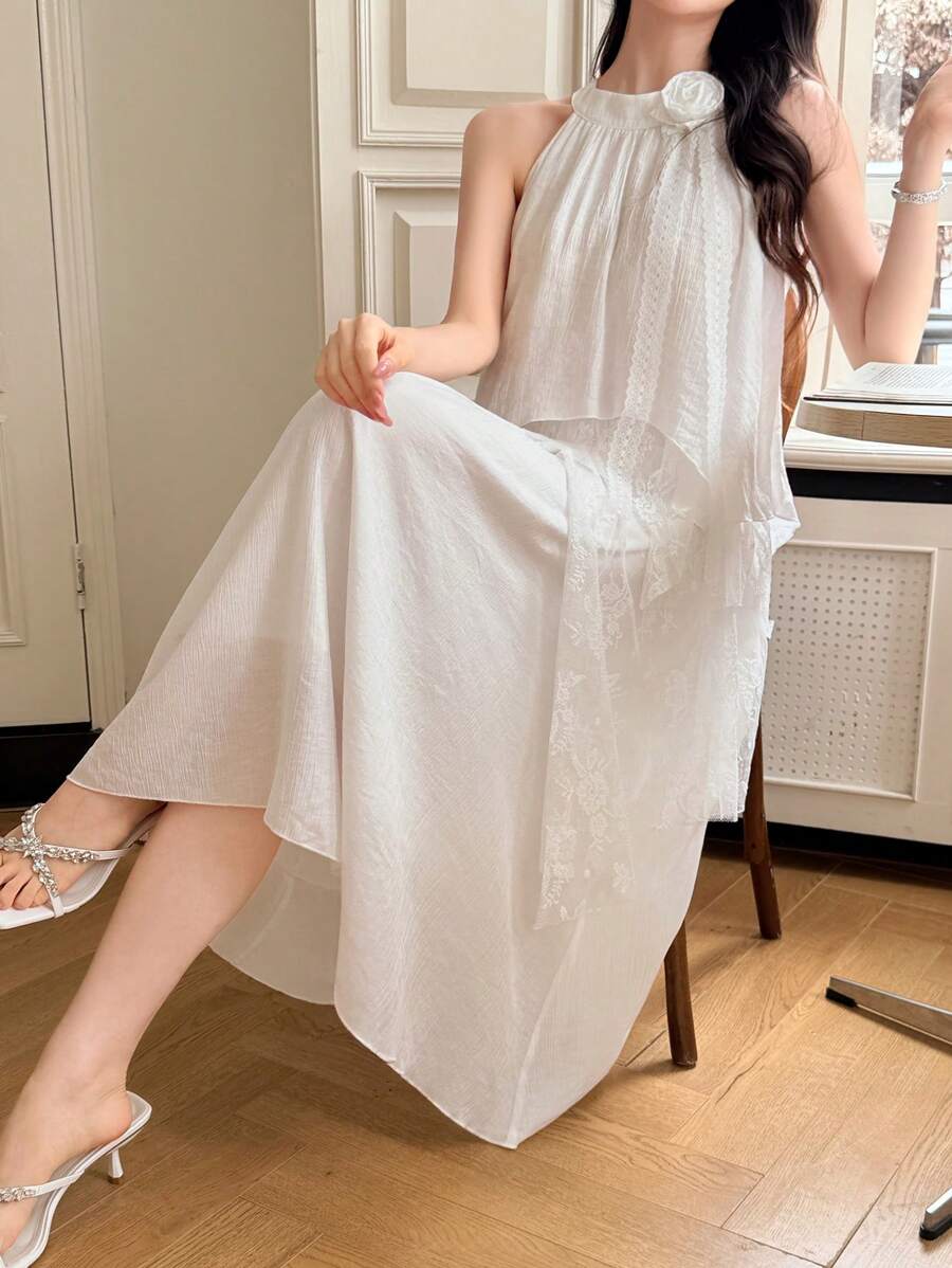 prairielle prairielle 2 件套:女士休闲纯色 3D 花卉无袖上衣和裙子,通勤风格 - 白色 - 查看 1