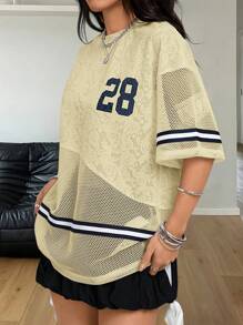 Coolane Women's Spring/Summer Festival Streetwear Athleisure Breathable Mesh Number Pattern Textured Patchwork Banded Texture Decoration T-Shirt