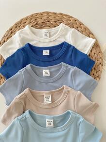 5 Stück/Set Neugeborene Baby Jungen/Mädchen blaue Kurzarm Sommer weiche Rundhals ärmelloser Strampler, vielseitig einsetzbar für Lässig, Innen- und Außenbereich