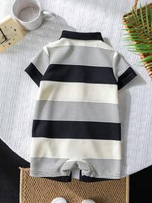 Newborn Baby Boy Summer Cute Knit Striped Short Sleeve Romper, Suitable For Birthday Party, Evening Party, Performance, Wedding, One-Month, Christening And 1st Birthday Celebration, Baby Shower