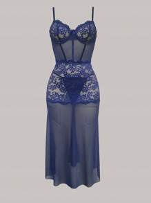 SHEIN 2 件套优质蕾丝撞色网眼长裙和丁字裤紧身衣套装，适合外出穿着 - 藏蓝色 - 查看 6