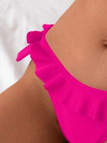 SHEIN Swim Women Solid Color Tie-Knot Ruffle Hem Bikini Bottom For Summer Beach Vacation - Hot Pink - View 3