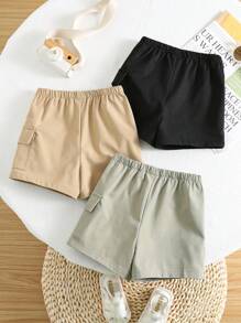 Set de 3 pantalones cortos de verano casuales y versátiles para bebé niño/niña, de unicolor, con bolsillo con letra, cintura elástica y multipaquete a juego - Multicolor - Ver 2