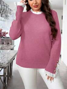 EMERY ROSE 1pc Women Plus Size Elegant Floral Ruffle Trim Crew Neck Long Sleeve Sweater, Suitable For Autumn/Winter Fall - Pink - View 4