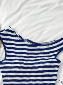 SHEIN 2pcs/Set Teen Girls Striped Knit Asymmetric Shoulder Fitted Top And Ultra Low Waist Skinny Shorts, Suitable For Holiday, Party, Christmas, Valentine's Day, Date, Beach, Cruise, Carnival, Easter Striped Two Piece Set Two Piece Short Set Summer Two Piece Set Vacation Two Piece Set Preppy Two Piece Set - Blue and White - View 5