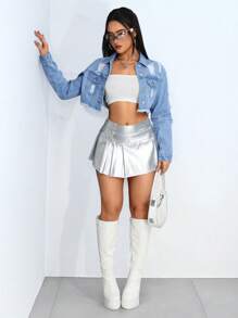 SHEIN 时尚休闲破洞毛边短款牛仔夹克