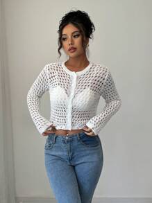 Breezaya Cardigan de punto hueco, suéter de manga larga para primavera y otoño - Blanco - Ver 4