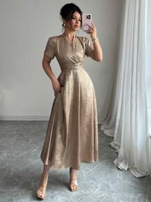 Chiquease Women's Fashionable & Elegant Vacation Dress, Short Sleeve, Cross V-Neck, Shoulder Pleats, Waist Ruching, A-Line, Zipper, Gold Shiny Fabric, Spring/Summer - Gold - View 1