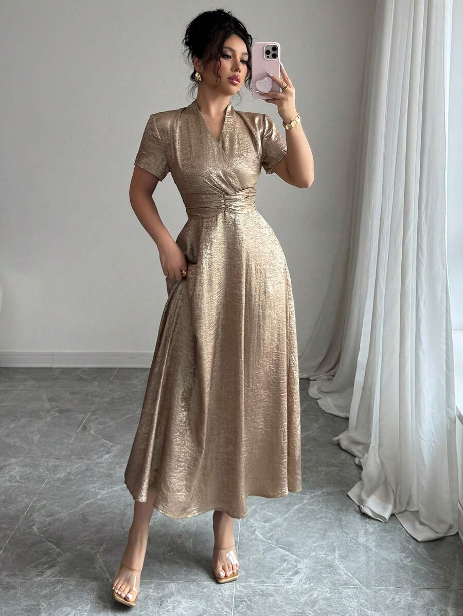 Chiquease Women's Fashionable & Elegant Vacation Dress, Short Sleeve, Cross V-Neck, Shoulder Pleats, Waist Ruching, A-Line, Zipper, Gold Shiny Fabric, Spring/Summer - Gold - View 1