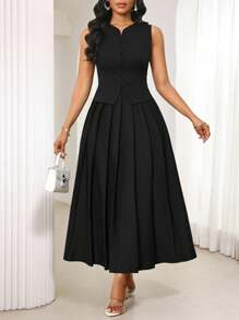 SHEIN Lady 女士优雅两件套西装背心上衣和黑色百褶裙 2 件套女士商务休闲女士婚礼宾客礼服女士女士连衣裙夏季热带女士连衣裙非洲女士服装毕业礼服/优雅礼服女士生日礼服 - 黑色 - 查看 3