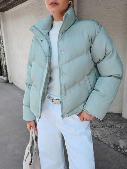 CLARA VERO Women, Winter, Snow, Ski, Crop Length, Regular Fit, Fly, Zipper Snap Button, Pocket Puffer Jacket Winter Jacket Sage Green Puffer Jacket Crop Puffer Jacket Light Green Puffer Jacket