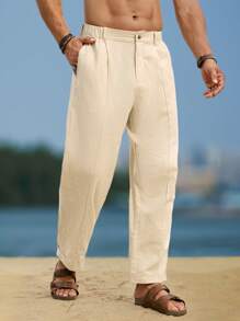 Manfinity RSRT بنطلون كاجوال قطني للرجال بلون أحادي وخط أمامي من الكتان، بنطلون قطني أبيض للشاطئ والصيف، خريف - بيج - مشاهدة 3