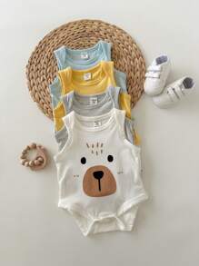 4件套新生儿男宝宝可爱卡通印花无袖连体衣套装，夏季图案 - 彩色 - 查看 4