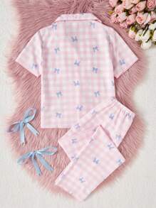 SHEIN Bộ 2 món quần dài thoải mái in họa tiết quả anh đào cho bé gái và áo tay ngắn, thích hợp làm đồ mặc ở nhà - Nhiều màu - Xem 2