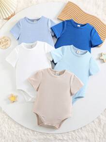 5 Stück/Set Neugeborene Baby Jungen/Mädchen blaue Kurzarm Sommer weiche Rundhals ärmelloser Strampler, vielseitig einsetzbar für Lässig, Innen- und Außenbereich